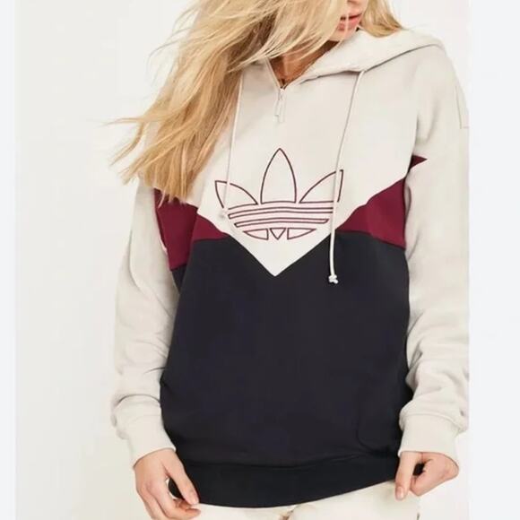 adidas Tops - Adidas Women’s Half Zip Trefoil Hoodie Beige Burgundy Black Size L Three Stripes